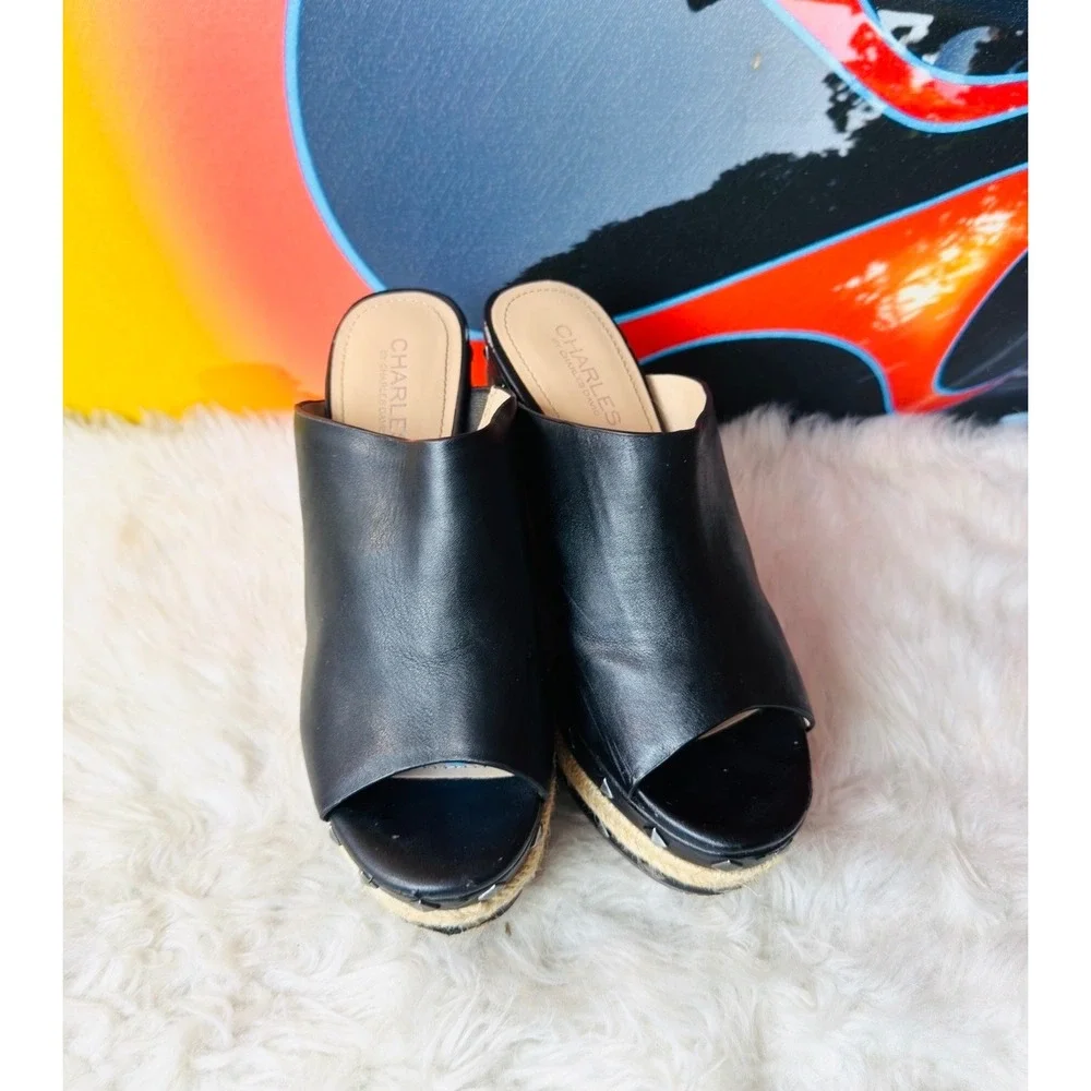 Charles by Charles David Black Studded Espadrille Wedge Sandals Peep Toe Mules 7